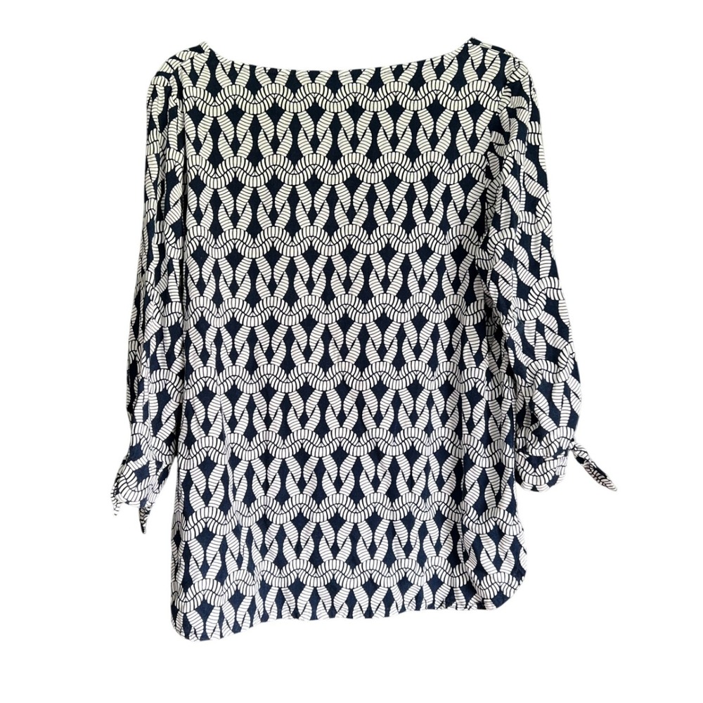 Escapada Living Navy White Geometric Rope Print Boatneck Tie Sleeve Blouse L - Picture 2 of 8